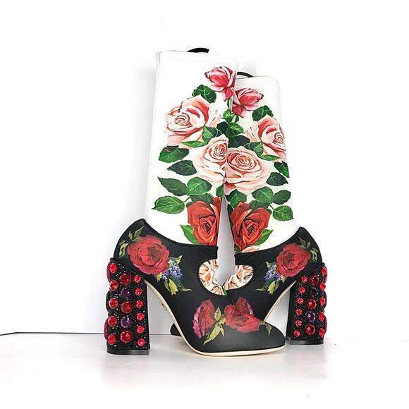 NIB Dolce & Gabbana Crystal Embellished Floral Maryjane Sock Boots 37 - Picture 3 of 11